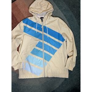 Retro Colorblock Windbreaker Jacket Beige/Blue Men’s XL Full Zip Hooded